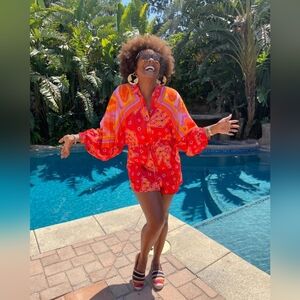 FARM RIO Tiki Bananas Scarf-sleeve Romper In Red Tiki Bananas + Tie Dye Cashew S